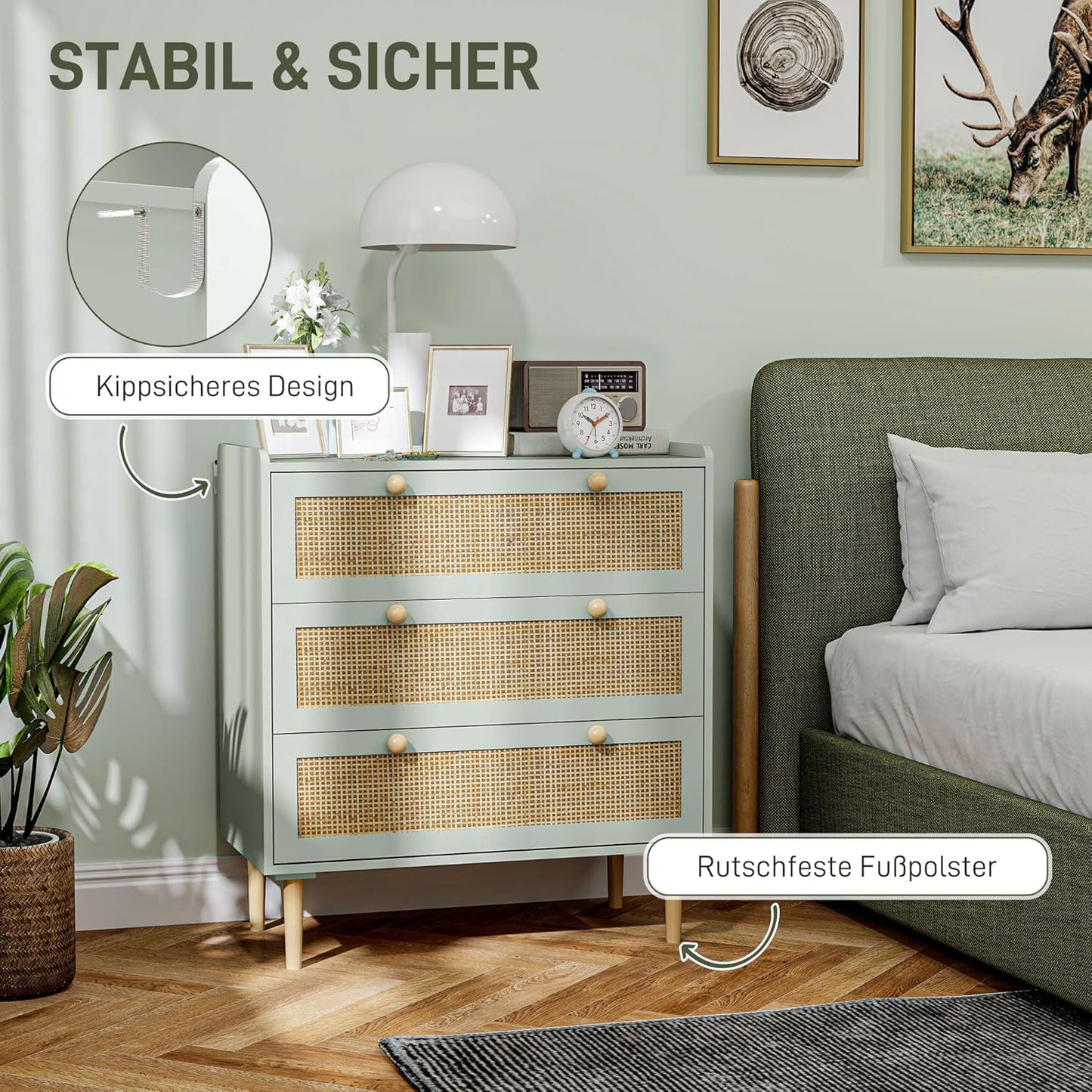 HOMCOM Kommode Beistellschrank mit 3 Schubladen, Sideboard mit Boho-Stil, Rattanoptik, Schubladenkommode für Wohnzimmer, Schlafzimmer, Hellblau 80 x 40 x 87.5 cm - QUORE