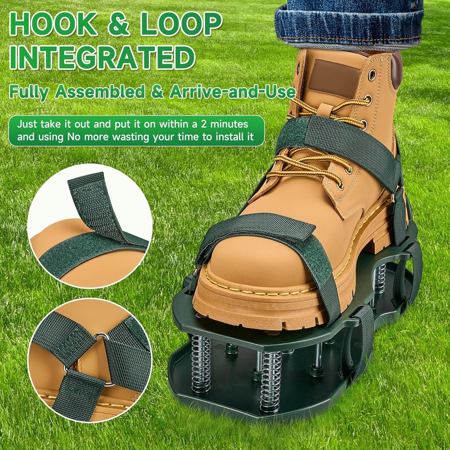 Gazonbeluchterschoenen met veerbasis, gratis installatie gazonbeluchter met automatische blad- en vuilreiniging, zware spike-schoenen voor gazononderhoud, verstelbare veters - perfect voor gazon, tuin