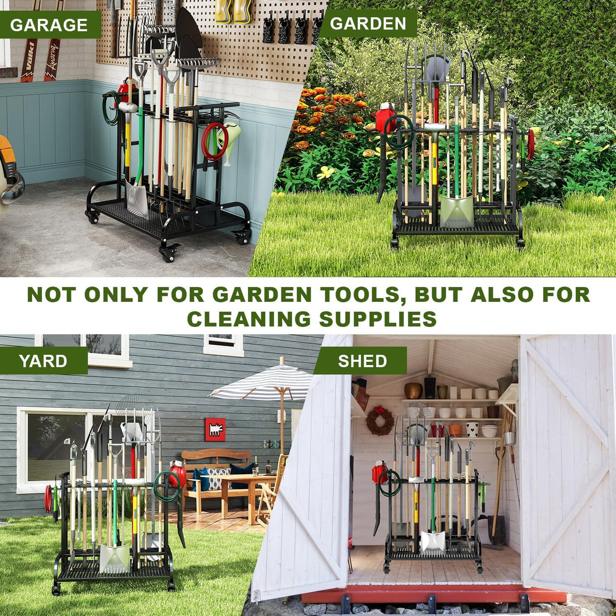 tonchean Opbergorganizer voor tuingereedschap, 360 ° draaibare tuingereedschap, torenrek, trolley met wielen, 3-laags gereedschapshouder, standaard, plank voor garage, tuin, gazon, werkplaats