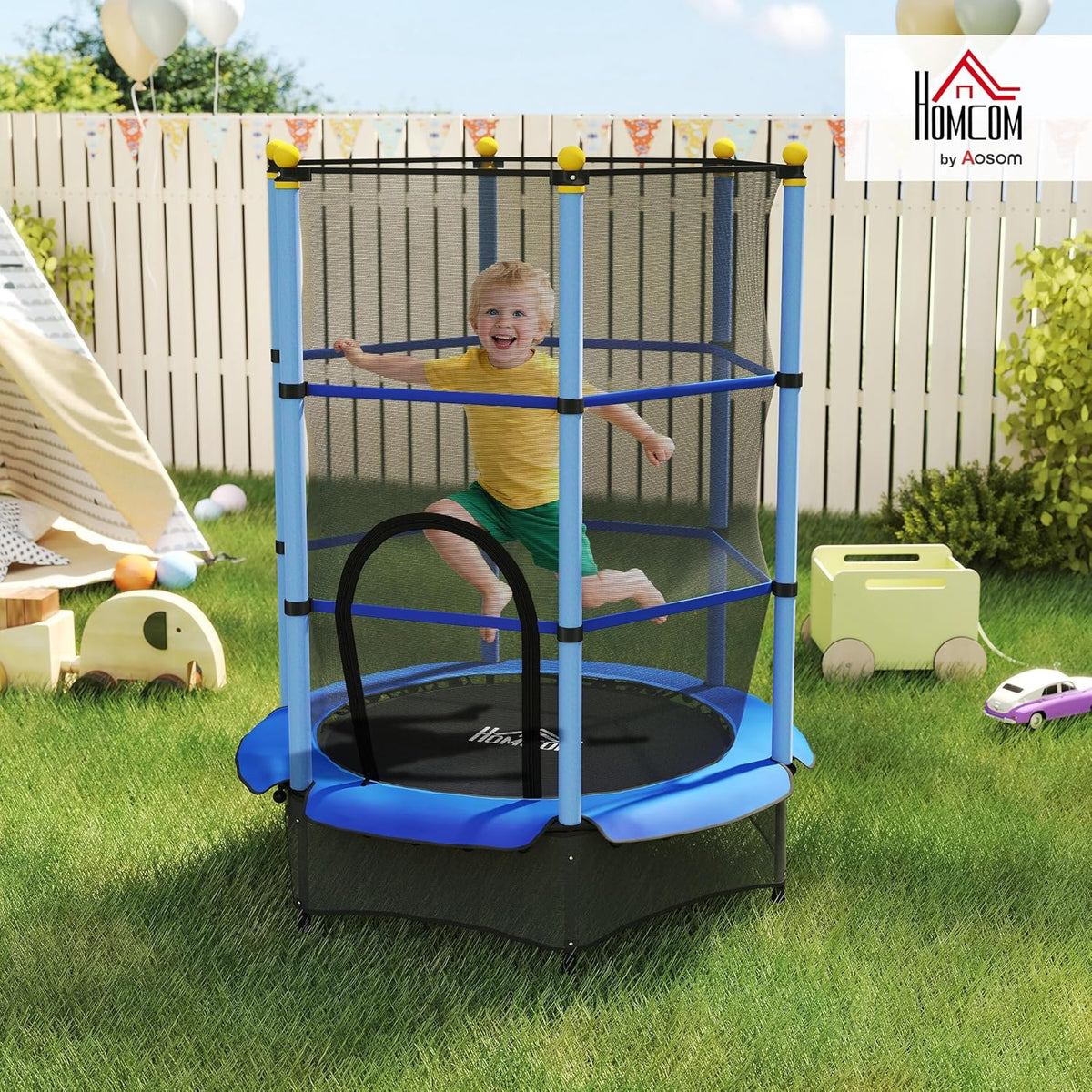 HOMCOM Kindertrampoline Ø 1,40 m, veiligheidsnet met ritssluiting, veerafdekking, 6 gevoerde palen inbegrepen