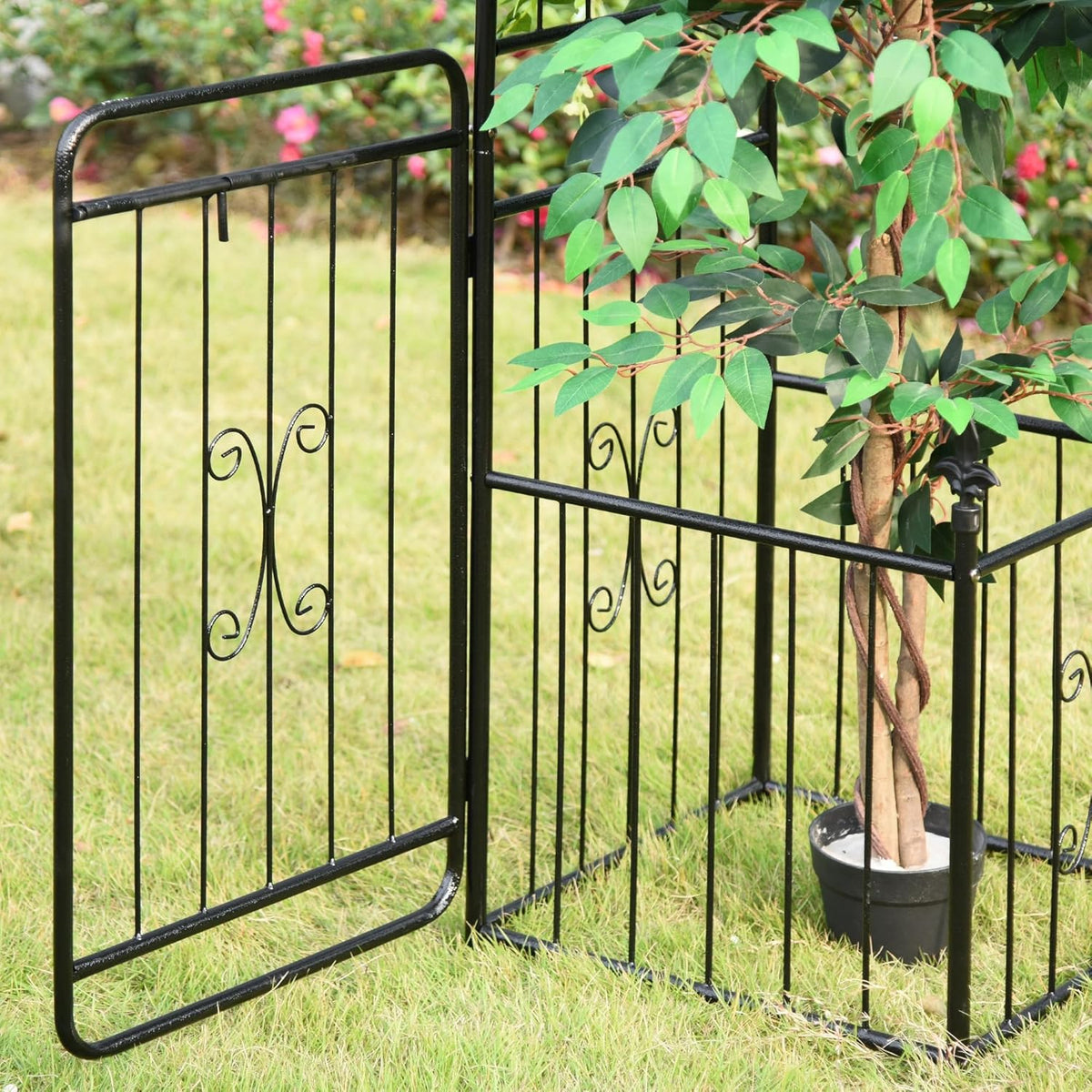 Outsunny Metal Garden Arbor Arch with Double Doors, 2 Side Planters, Climbing Vine Frame, Black - QUORE