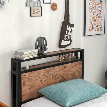 Eenpersoonsbedframe van massief metaal, met houten hoofdeinde, sterk ijzer, platformbedframe, eenpersoonsbed, geen boxspringbed nodig, matrasfundering, opslag onder het bed