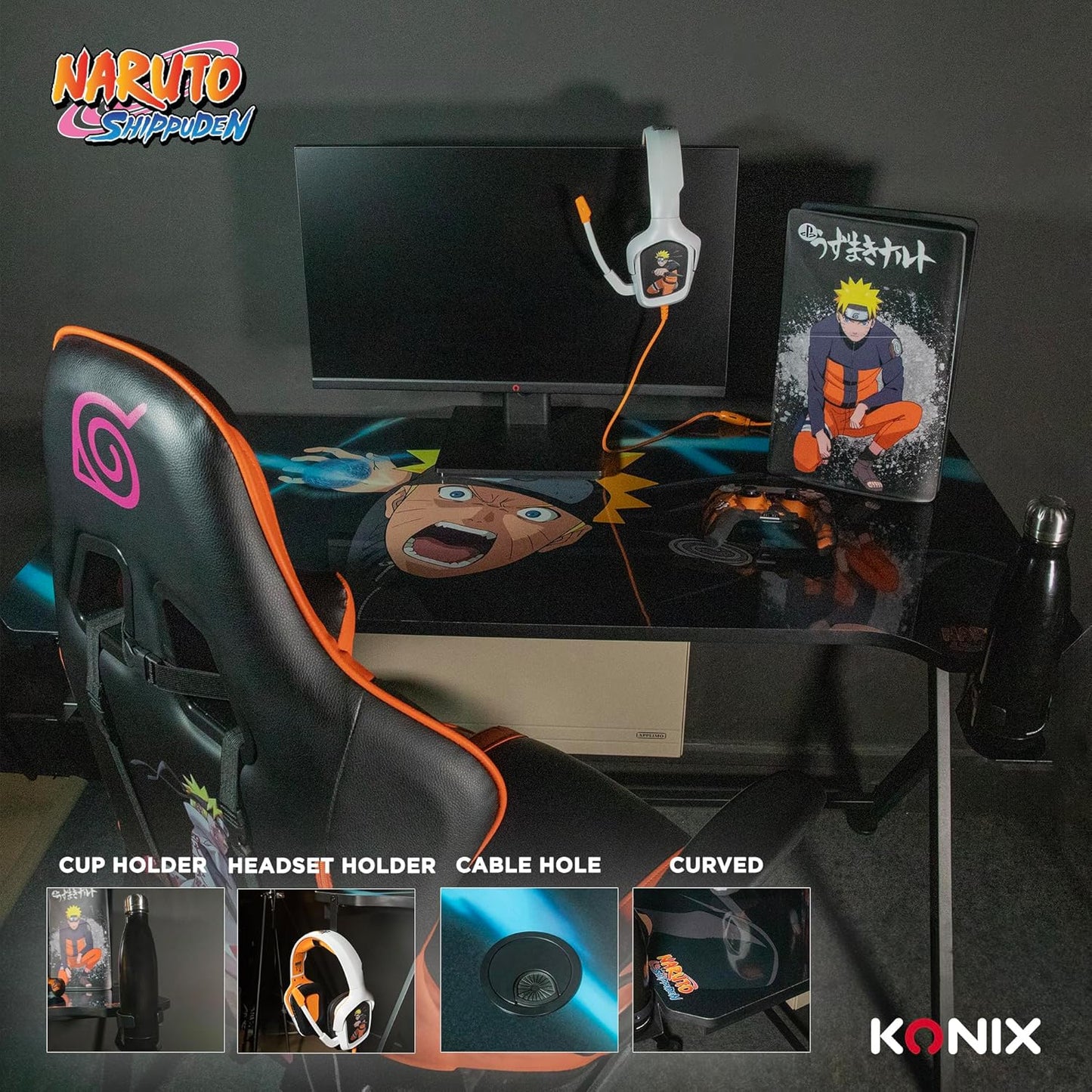 Konix Naruto Shippuden Gamingtafel, 121 x 69 x 76 cm, Y-vorm, houten en metalen tafel, bekerhouder, oortelefoonhouder, Naruto gazonmotief