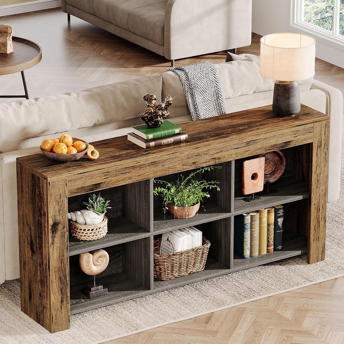 Tribesigns Console Table, 160 x 30 x 80 cm, Side Table, Hallway Table, Rustic Entrance Table Made of Wood, with 6 Storage Cubes for Entrance, Hallway, Living Room, Vintage Brown