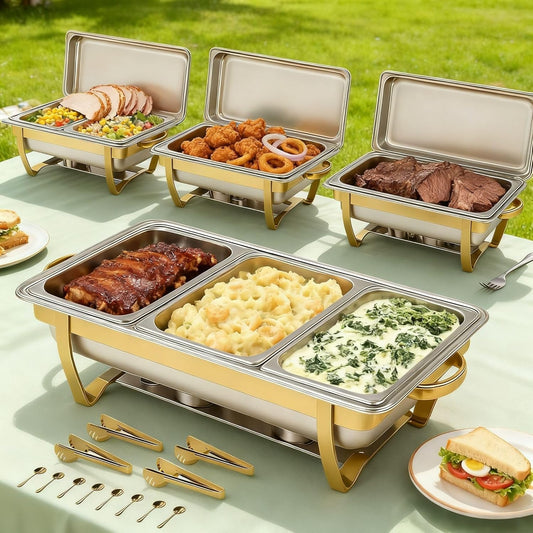 4-pack roestvrijstalen schaafschalen voor buffet, 9 QT-capaciteit voedselverwarmers voor feesten, bruiloften, evenementen hosting, familiebijeenkomsten, volledige set cateringserver met serveergerei
