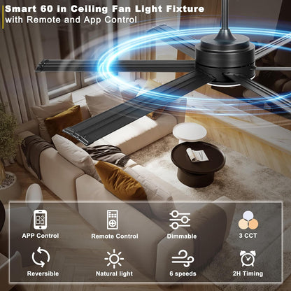 Ohniyou Plafondventilator met licht, industriële plafondventilator, 152,4 cm, met afstandsbediening en app, dimbaar, gelijkstroommotor, grote plafondventilator voor terras, woonkamer, zwart