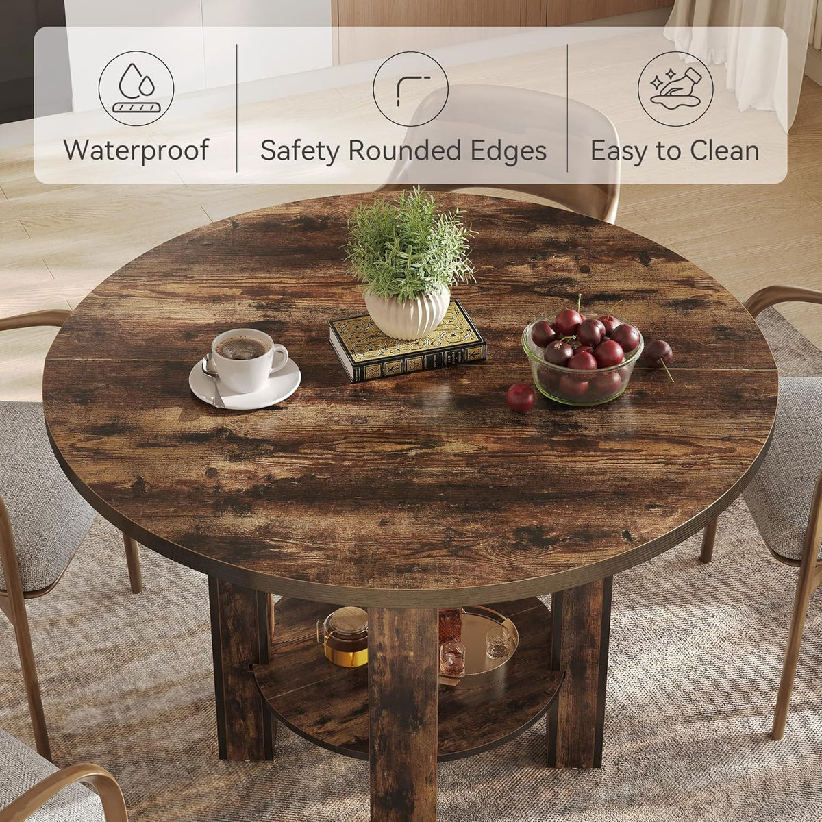 Tribesigns Round Dining Table for 4 People, 100 x 75cm Wooden Kitchen Table Large Dinner Table with Storage Shelf Wooden Legs for Home Dining Living Room, Rustic Brown