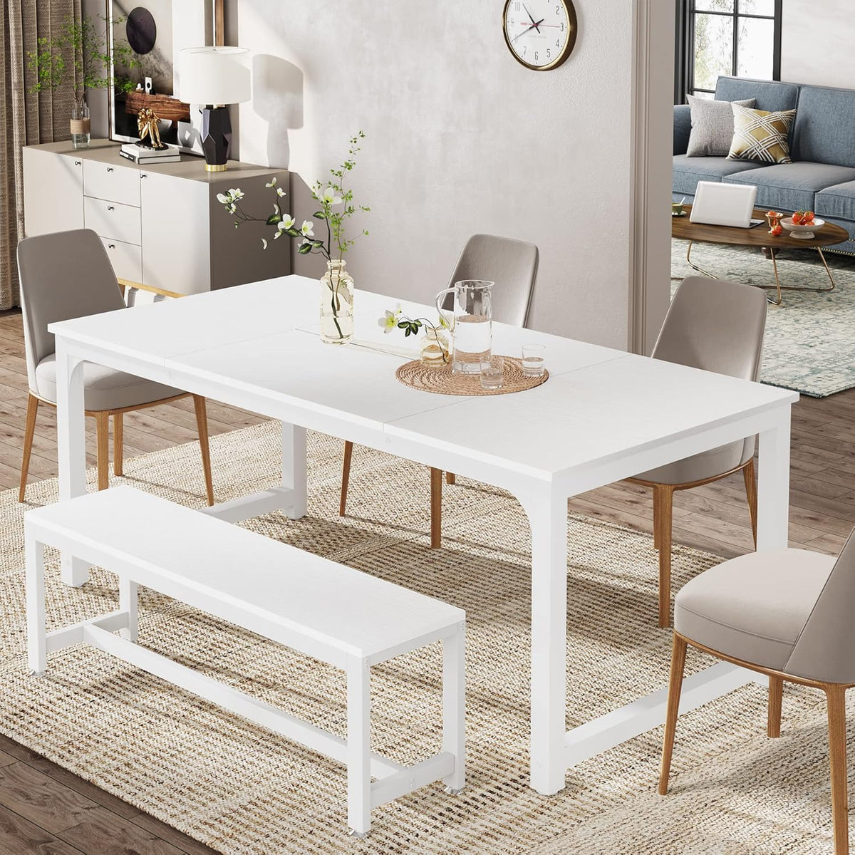 Tribesigns Dining Table, 180 x 80 cm, Industrial Kitchen Table for 6-8 People, Rectangular Dining Table for Dining Room, Kitchen, Living Room, with Robust Metal Legs (White)