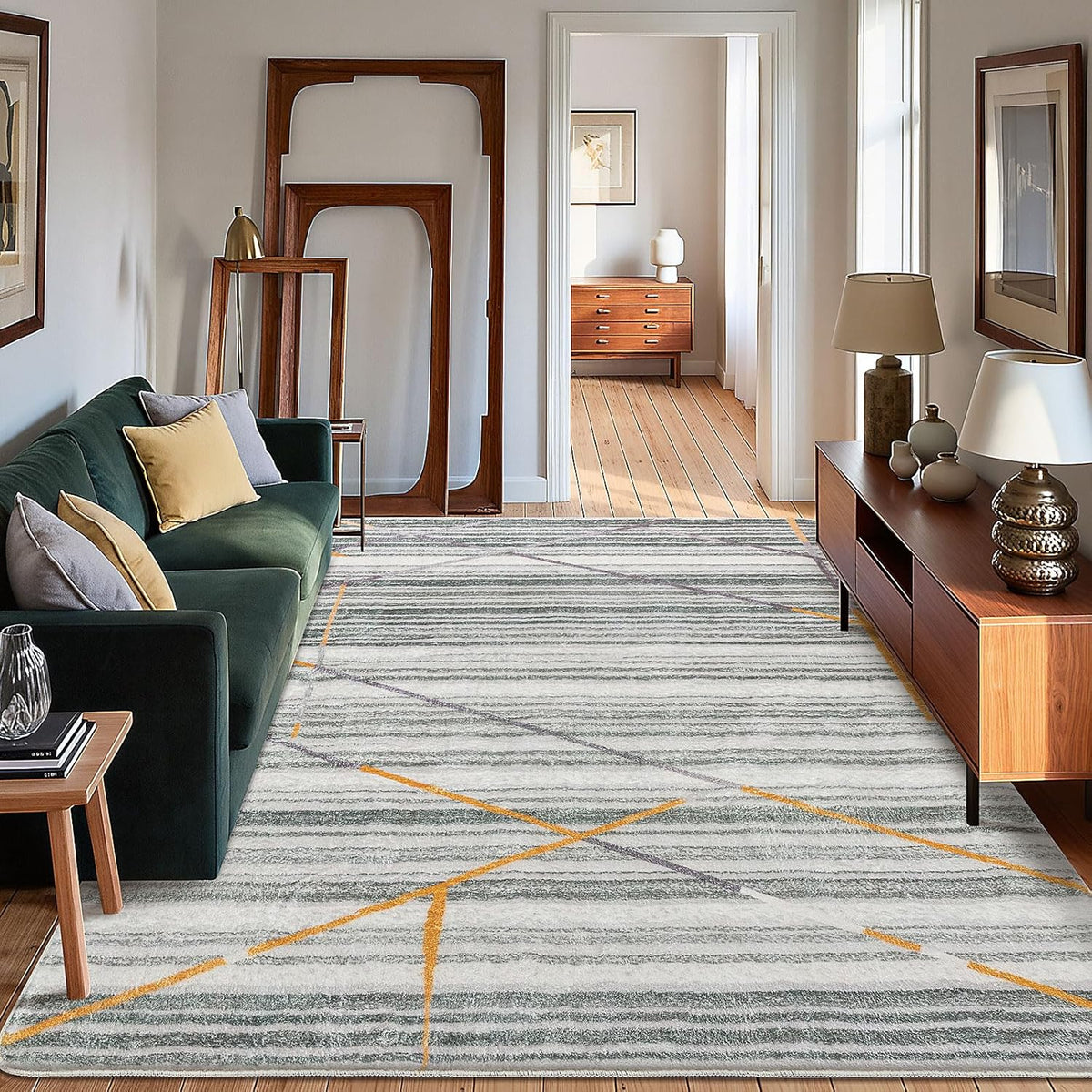 Vloerkleden voor woonkamer, slaapkamer, modern, laagpolig tapijt, Boheems tapijt, abstract, geometrisch patroon met rechte lijn, tapijten, antislip, groot tapijt (grijs/gestreept multi, 200