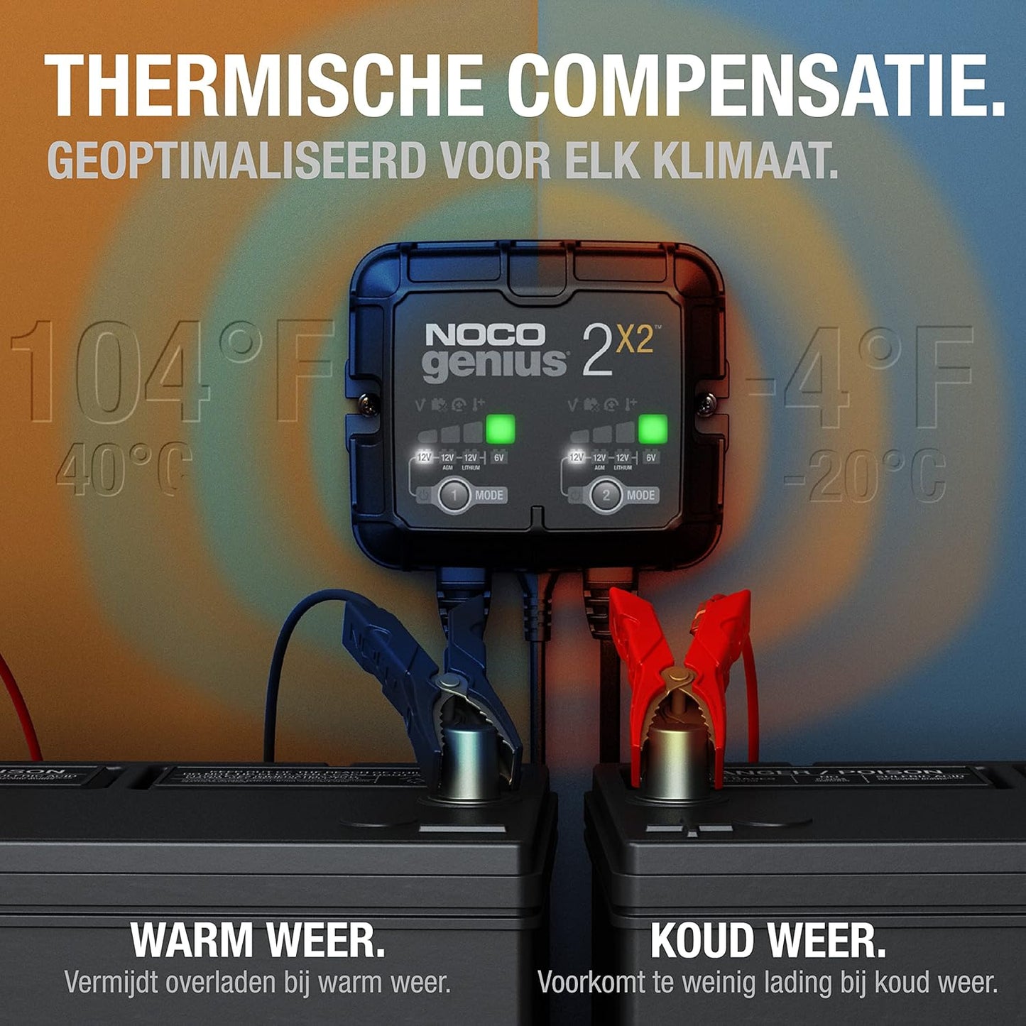 NOCO GENIUS2X2, 4A 2-Bank Automatische Oplader (2A per Bank), 6V en 12V Batterijlader, AGM, SLA, Gel en Lithium Auto-Acculader, Onderhoudslader, Druppellader en Desulfator - Auto, Motorfiets, ATV, RV
