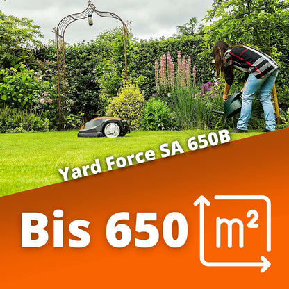 Yard Force FORCE SA650B Robotmaaier, tot 650 m², zelfrijdende grasmaaier, robot met bluetooth en app-bediening, borstelloze motor, 40% helling en 28 V/2,0 Ah lithium-ion accu, 650 m²