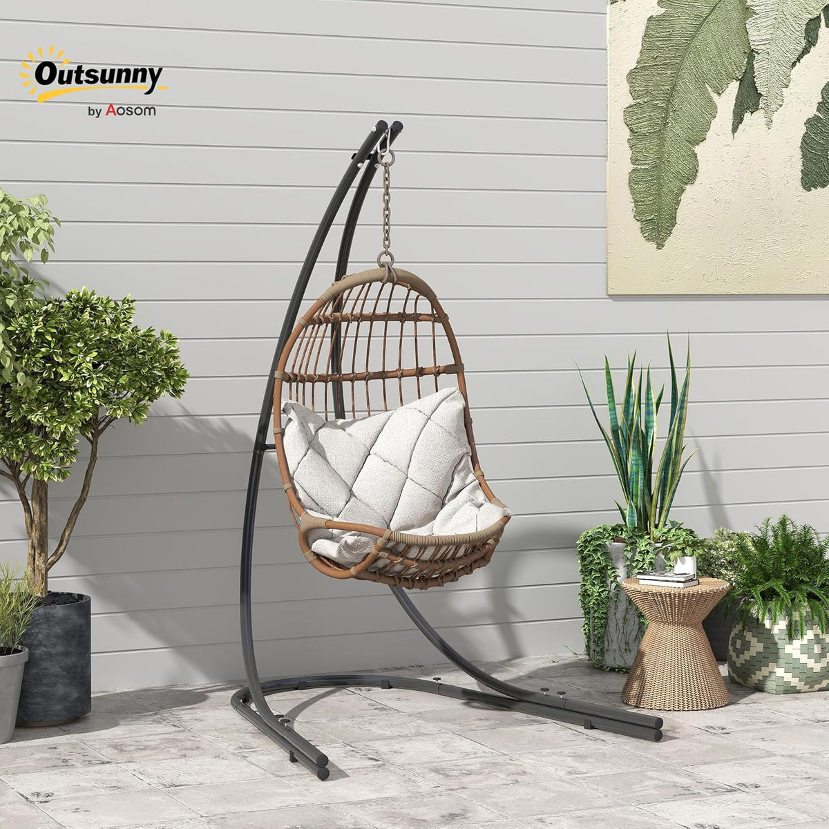 Outsunny Gestell für Hängesessel in C-Form Metall Ständer mit Sockel für Hängesitz Hängestuhl, Hängeschaukel Hängemattengestell bis 150 kg, Hängestuhlgestell für Indoor Outdoor Balcony, Terrasse - QUORE