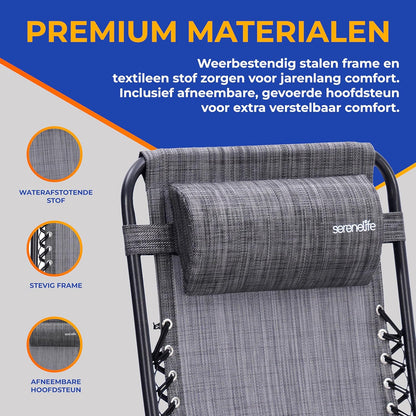 Serenelife Ligstoel, Set van 2 Ligstoelen - Verstelbare Tuinligstoelen met Zijtafel, Bekerhouders, Afneembare Kussens - Opvouwbare en Draagbare Loungestoelen voor Terras, Tuin, Strand - Grijs