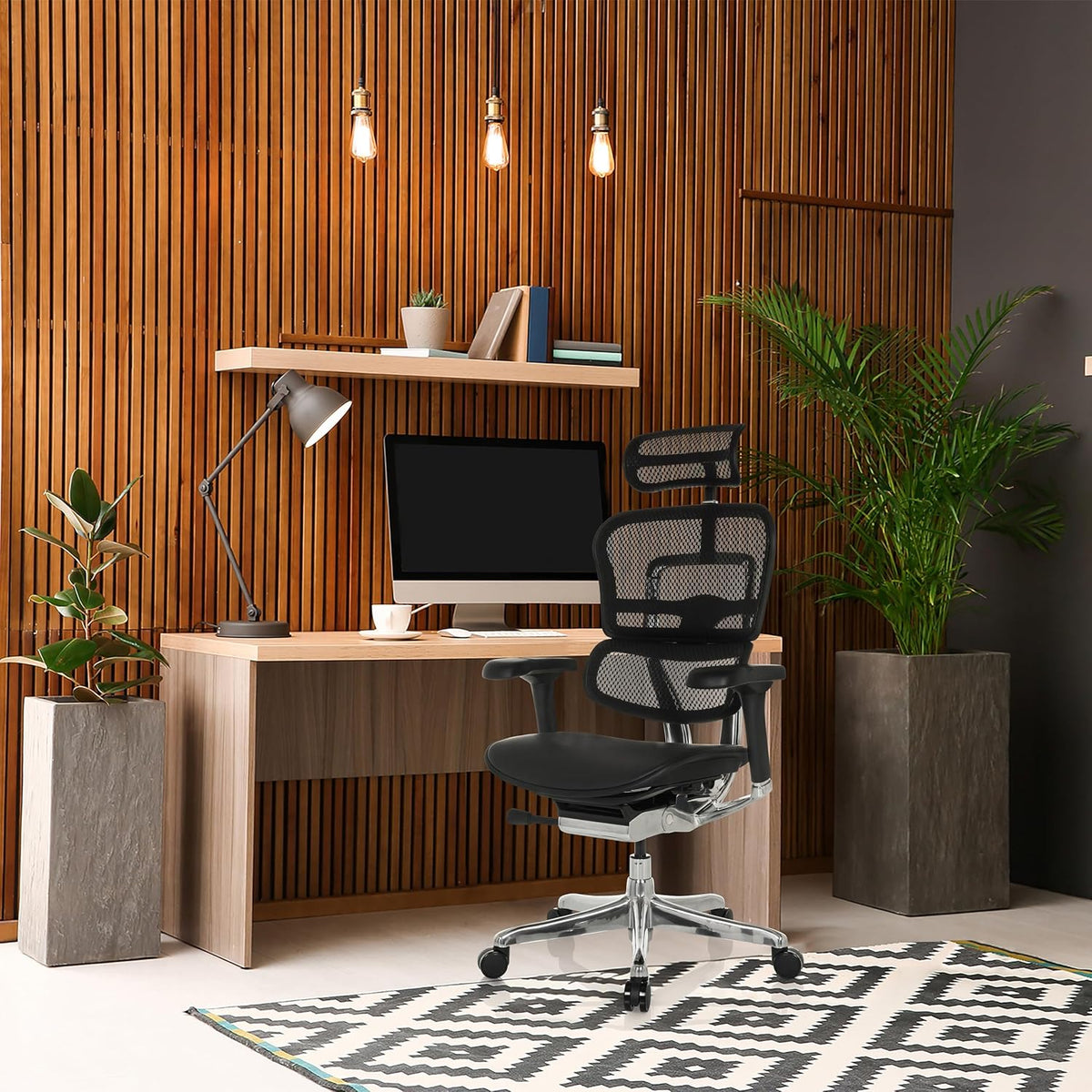 Ergonomische Bureaustoel – Kantoorstoel – Werkstoel – Gamestoel – Bureaustoel Verstelbaar – Flexibele Lendensteun – Lederen Gevoerde Zitting – Ademend Mesh Rug