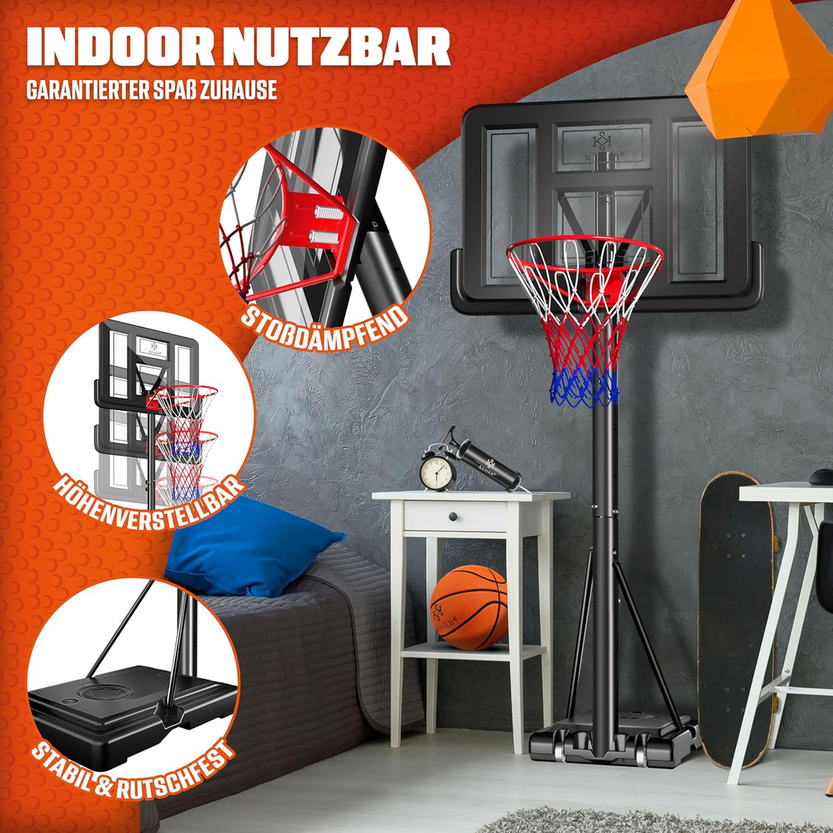 KESSER® Basketball Set Basketball Ring Includes Basketball + Pump and Basketball Stand in Height Adjustable 230cm to 305cm | Outdoor & Indoor Basketball Post - QUORE