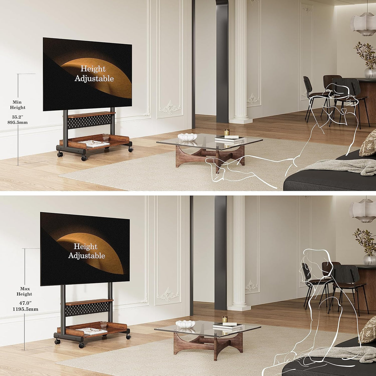 FITUEYES tv standaard verrijdbaar met hout-voet voor 40-85 inch, Hoogte verstelbaar vloer tv stand trolley wheel, universal vloerstandaard op wielen Max VESA 600x400mm houd 60kg
