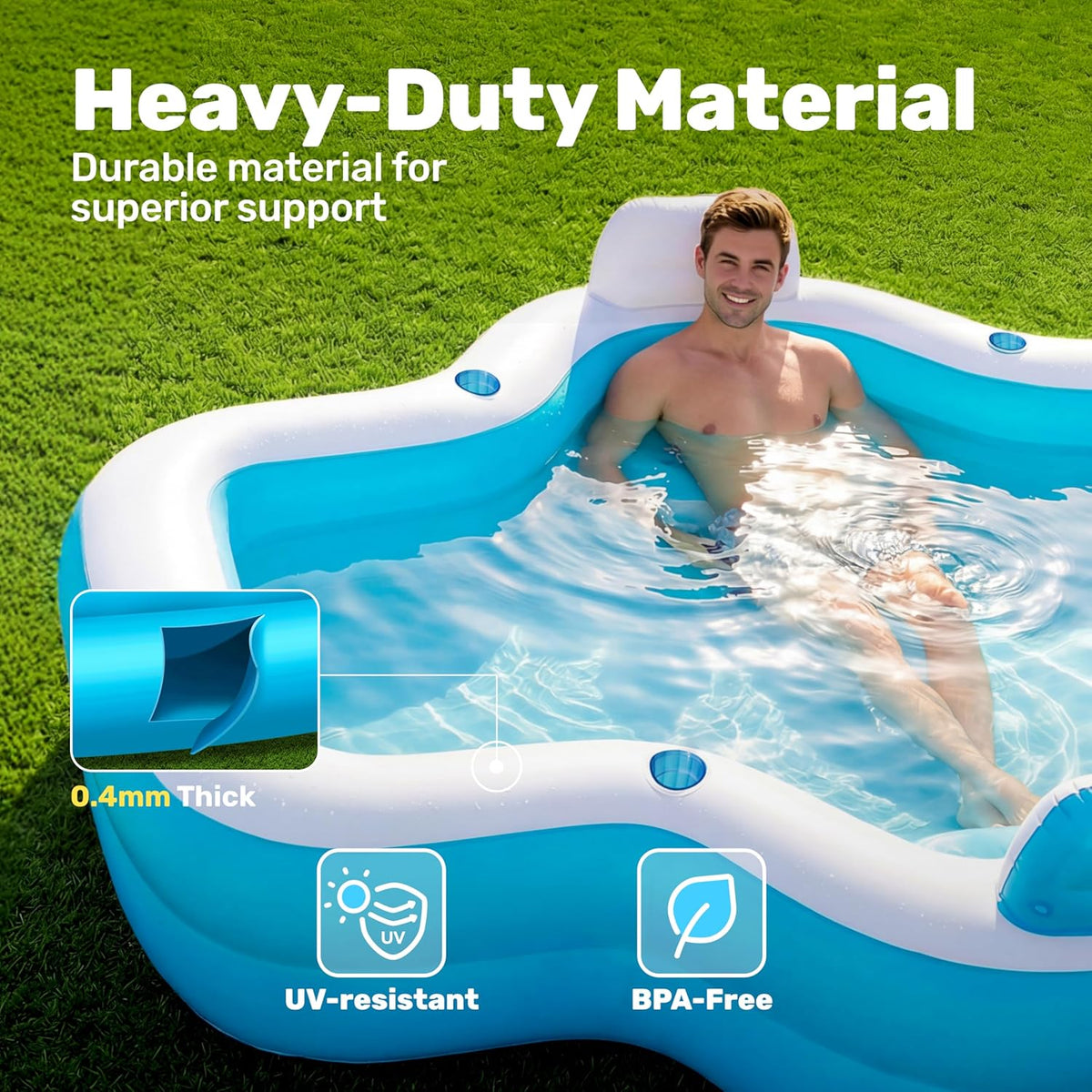 SLOOSH Opblaasbaar zwembad voor gezinnen met stoelen, 120" x 101" x 26" Full-Sized Blow Up Duurzaam verdikt bovengronds zwembad met rugleuning bekerhouders, zwembaden voor achtertuin zomer watergazon