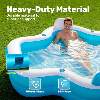 SLOOSH Opblaasbaar zwembad voor gezinnen met stoelen, 120" x 101" x 26" Full-Sized Blow Up Duurzaam verdikt bovengronds zwembad met rugleuning bekerhouders, zwembaden voor achtertuin zomer watergazon