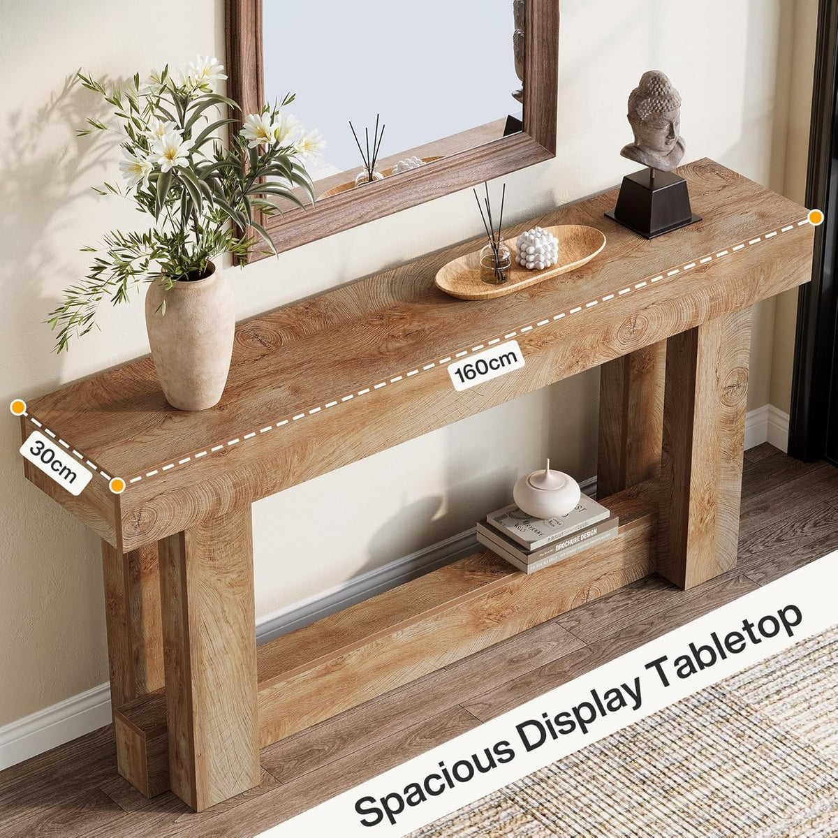 Tribesigns 160 cm Console Table, 2 Tier Halter Table, Rectangular Wooden Side Table Behind the Sofa, Farmhouse Wood Rear for Hallway, Living Room, Light Brown Oak