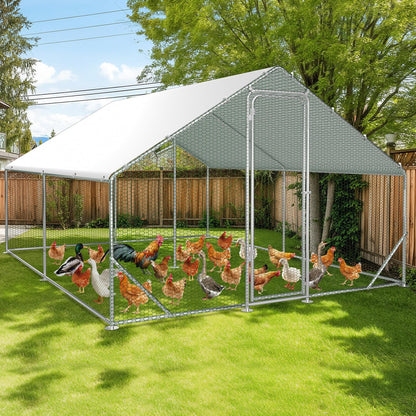 Chicken Coop Outdoor Run 3 x 4 x 2 m, Galvanised Steel Chicken Coop with Door and Lock for Chickens, Rabbits, Geese, Pigeons and Quails, Metal Run with Net - QUORE