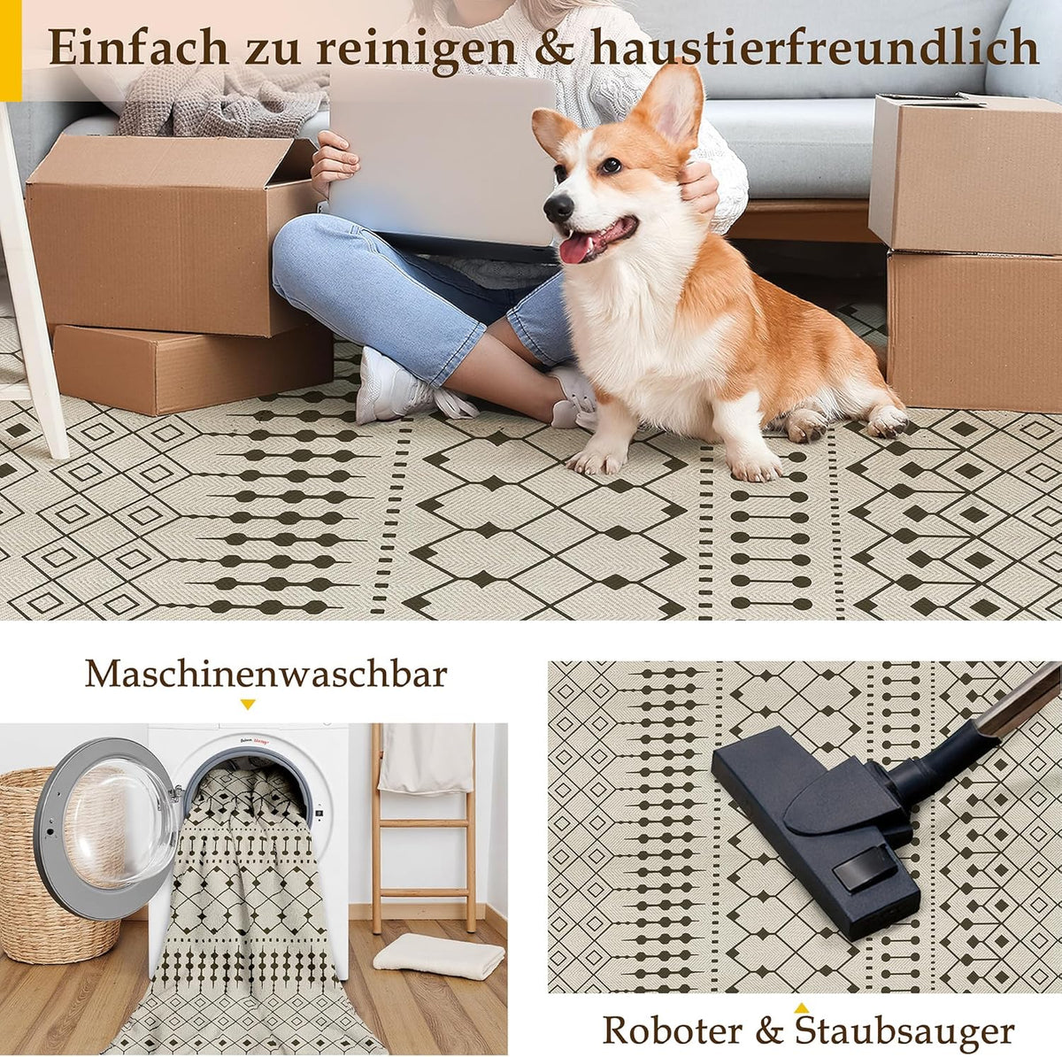 PureCozy Jute Look Woonkamer Tapijt 300x400cm Zwart Beige Antislip Wasbaar Binnen Buiten Vloerkleed Slaapkamer Kinderkamer Kantoor Vloerkleden Balkon Patio Tuin Groot Carpet