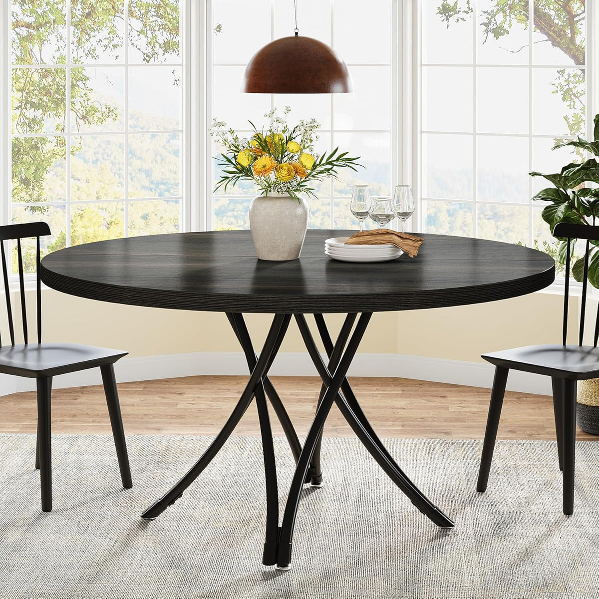 Tribesigns Round Dining Table for 4-6, 120cm Round Kitchen Table, Modern Wooden Small Dining Tables, with Sturdy Crossed Metal Legs for Kitchen Living Room, Dining Room (Black)