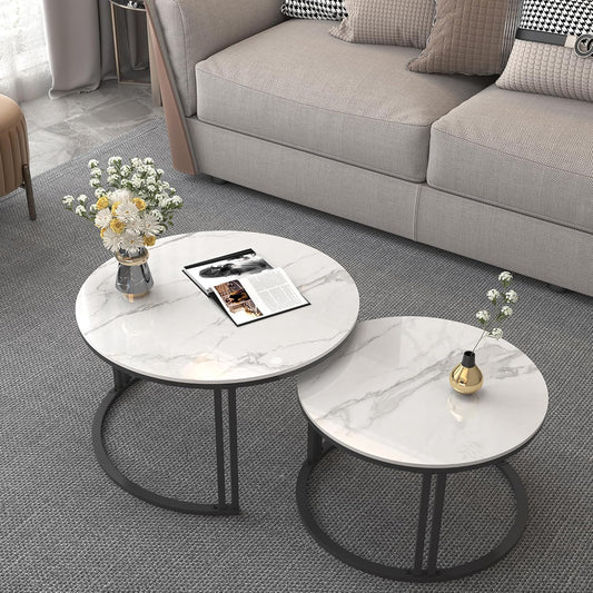 FATIVO Round Marble Coffee Table Nest: Nesting Coffee Tables Set of 2 Shiny White Marble Coffee Table Living Room Sintered Stone Center Table with Aluminum Frame Indoor Garden Furniture - QUORE