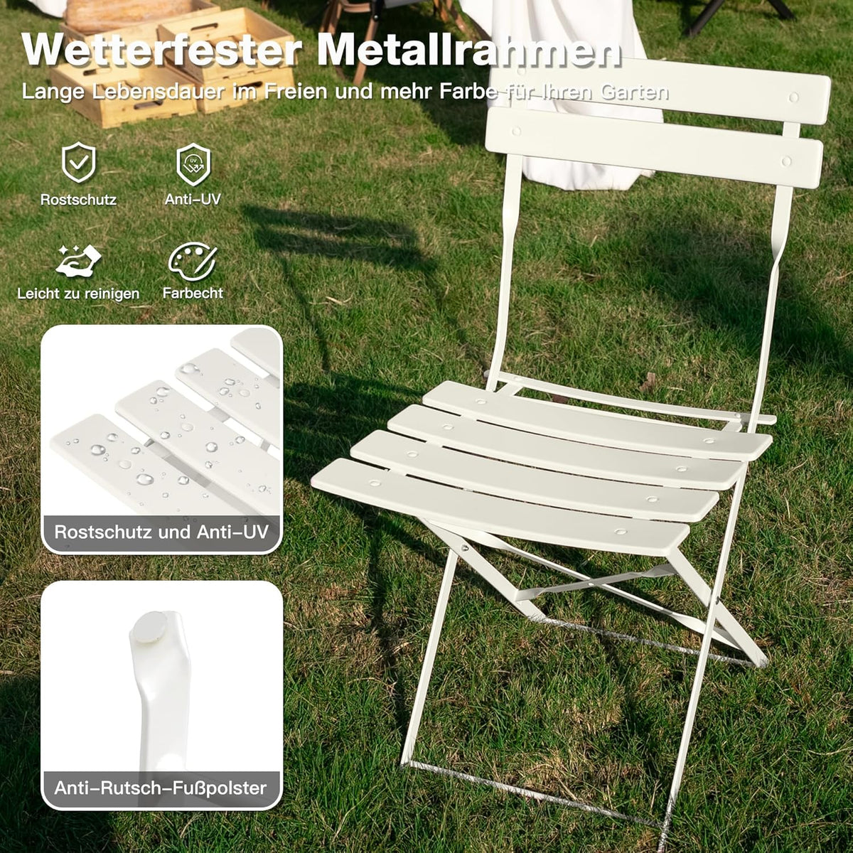 Tuinmeubelset, weerbestendig, balkonmeubelset, 3-delig, voor klein balkon, bistrotafel met 2 stoelen, bistroset, inklapbaar, wit