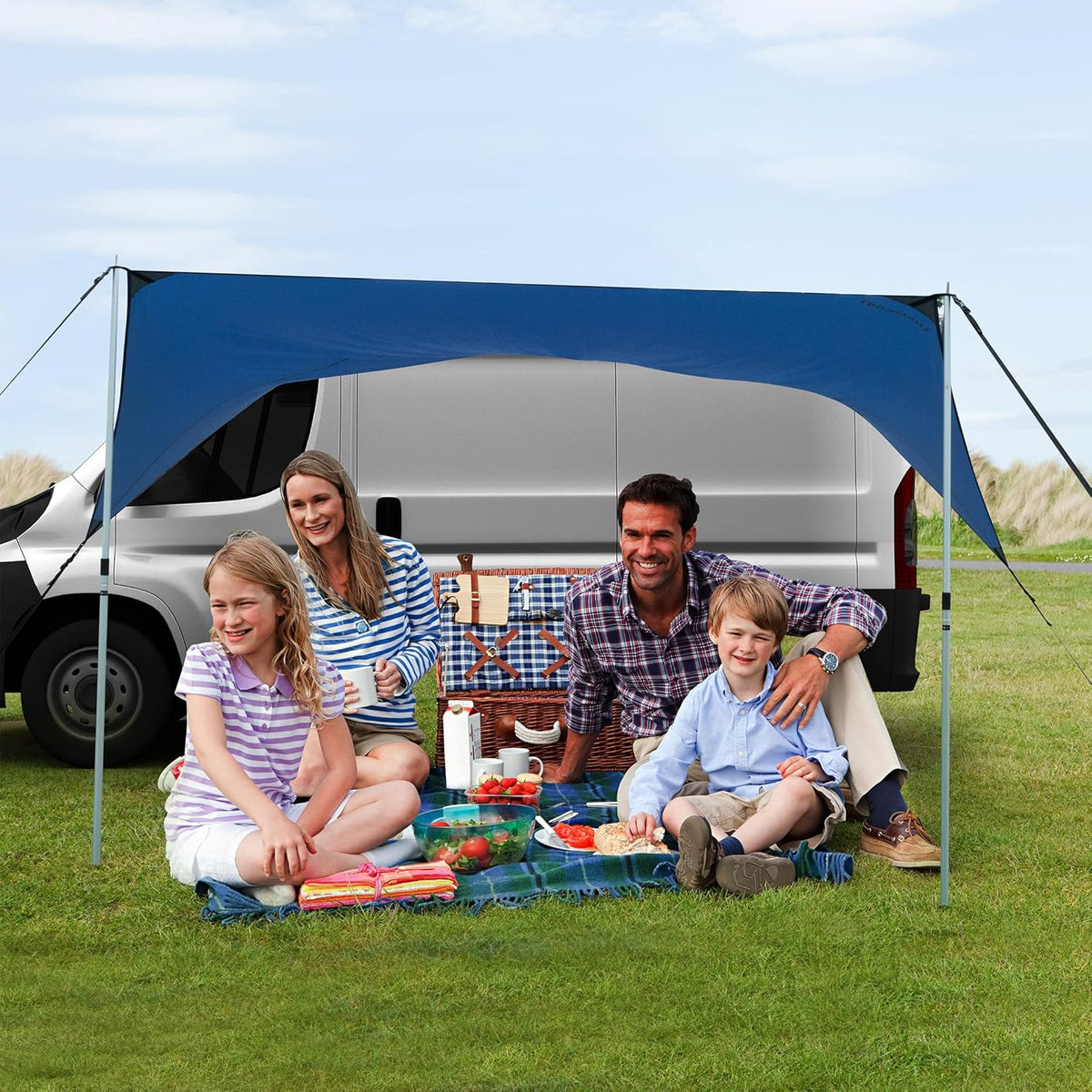 Ultrasport luifelluifel, geschikt voor auto's, bestelwagens en campers, beschermt tegen zon en regen, duurzaam en robuust materiaal, geïntegreerde zuignappen en haringen, palen en riemen, blauw