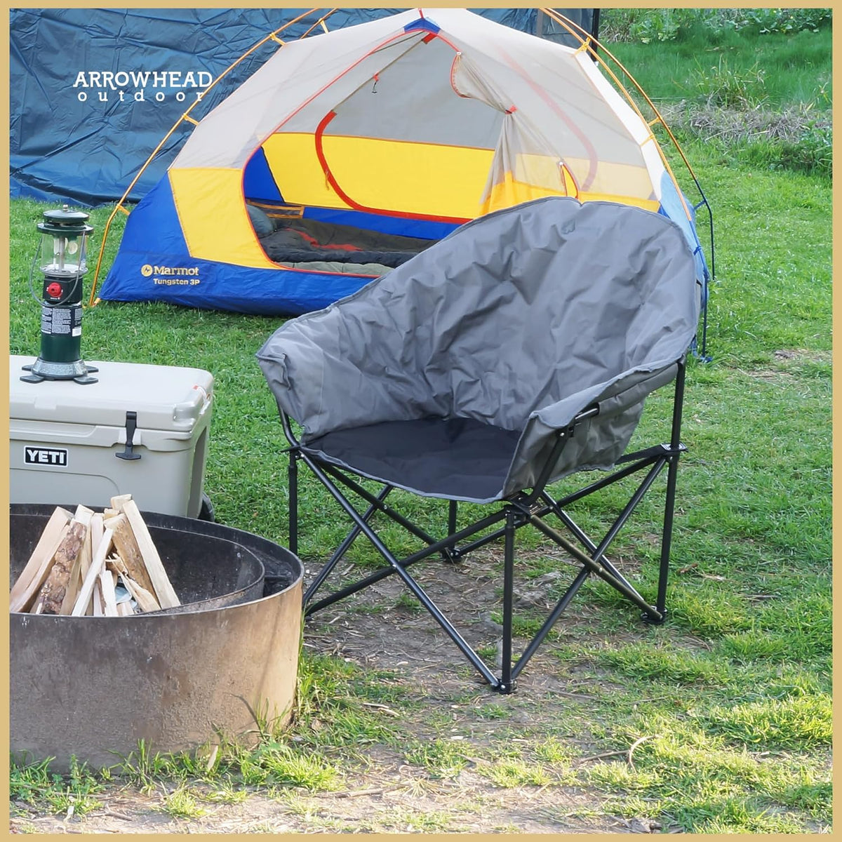 ARROWHEAD OUTDOOR Extra grote robuuste club-campingstoel met buitenvak, bekerhouder, draagbaar, gewatteerd, maan, rond, schotel, ondersteunt 150 kg, draagtas, VS-gebaseerde ondersteuning