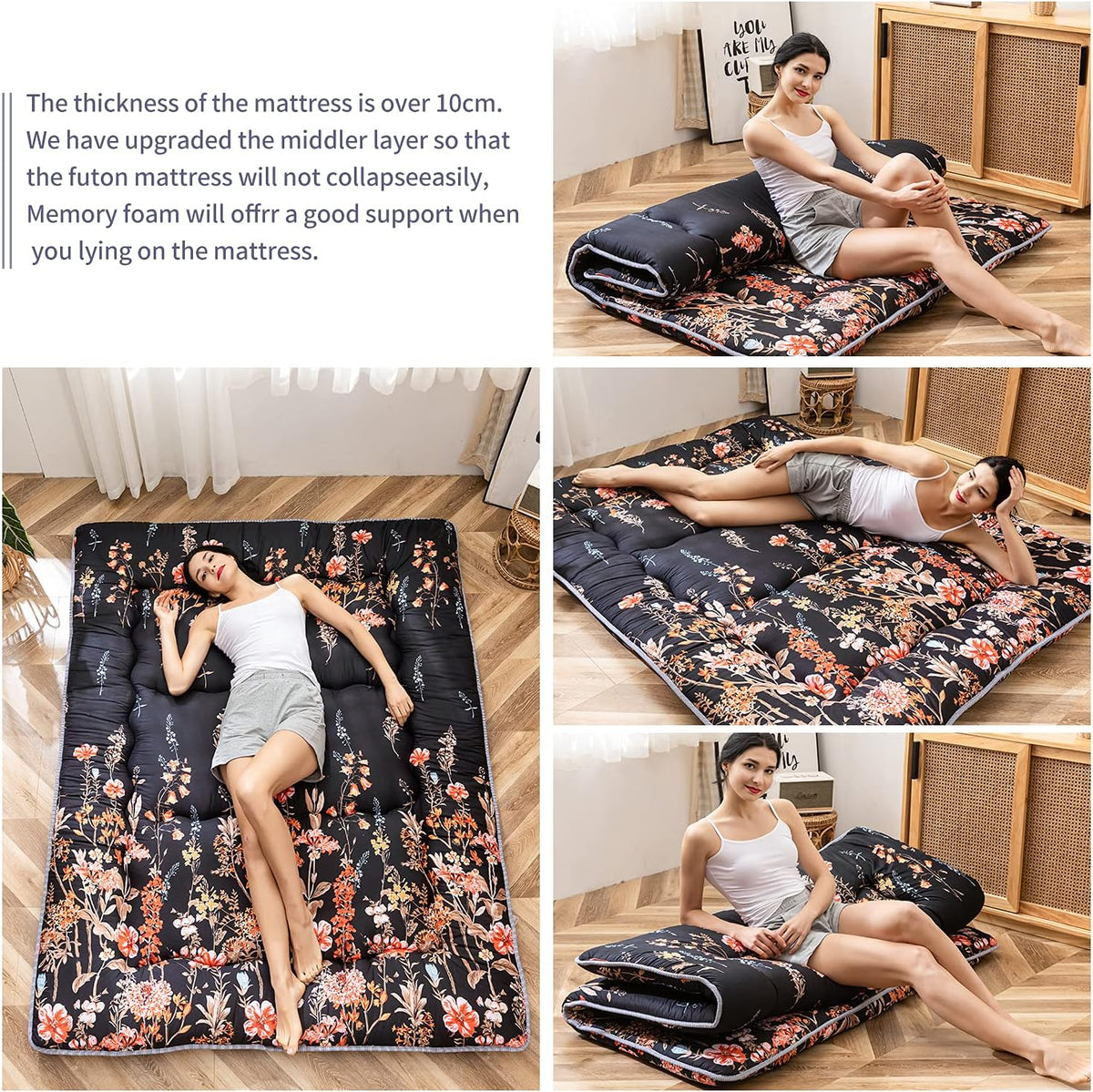 Japanse vloermatras, futonmatras, dikkere tatami-mat, slaapkussen, opvouwbaar, oprolbaar matras, slaapzaal, matras, vloerligstoel, kussen bed (zwarte bloemen, king)