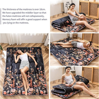 Japanse vloermatras, futonmatras, dikkere tatami-mat, slaapkussen, opvouwbaar, oprolbaar matras, slaapzaal, matras, vloerligstoel, kussen bed (zwarte bloemen, king)
