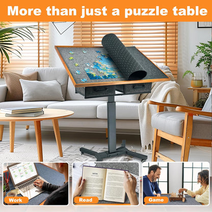 FATIVO Puzzle Table, 1500 Pieces, Height Adjustable with Wheels 70 x 90 cm, with 2 Fabric Drawers, Mobile Puzzle Board 74-98 cm, for Adults, Puzzle Board, Adjustable Angle, Black, Brown - QUORE