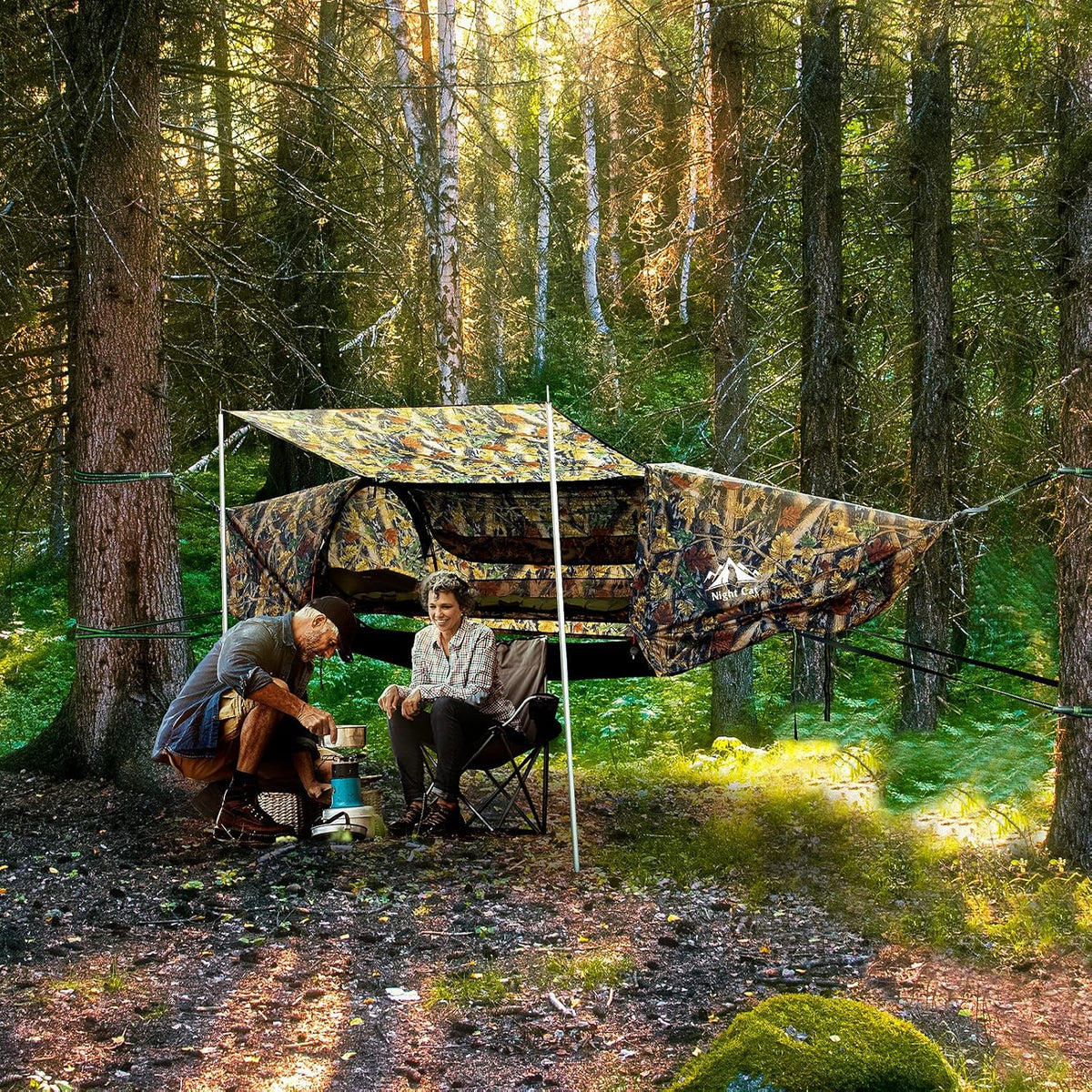 Night Cat Lay Flat Hammock: Flat Bottom with Mosquito Net Waterproof Rain Fly for 1 Person Camping in Garden Backyard Wild (Green)