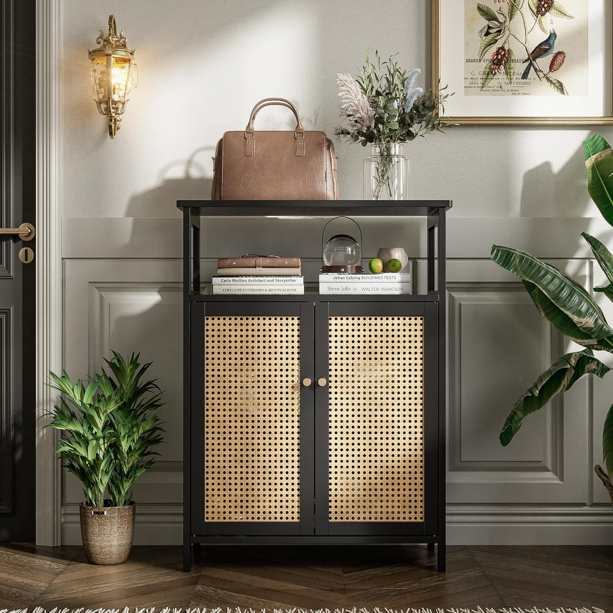 Bamboe Vloerkast – Opbergkast – Badkamerkast – Bijzettafel – Kast Met Rotan Deuren – Compact Formaat – Duurzaam Bamboe Materiaal - QUORE