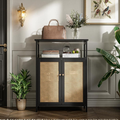 Bamboe Vloerkast – Opbergkast – Badkamerkast – Bijzettafel – Kast Met Rotan Deuren – Compact Formaat – Duurzaam Bamboe Materiaal - QUORE