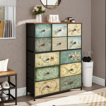 VEDECASA Commode met 12 laden, industriële ladekast, stoffen commode, metalen frame, houten oppervlak, stoffen laden voor woonkamer, kinderkamer, hal, rustiek