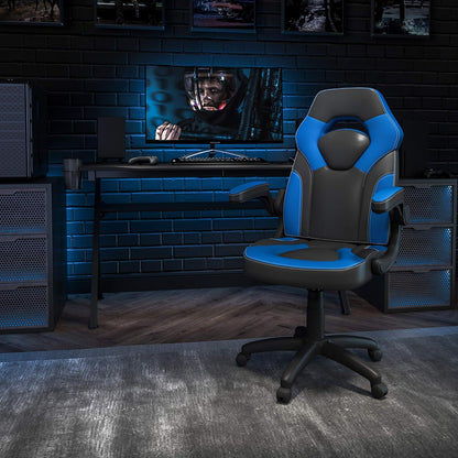 Flash Furniture X10 Gamingstoel, ergonomische bureaustoel voor pc- en gaming-setups, verstelbare gamerstoel met rugsteun, LeatherSoft, blauw/zwart - QUORE