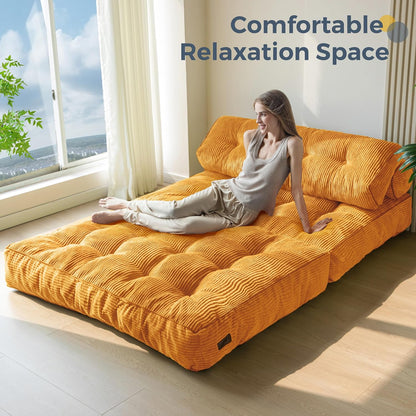 MAXYOYO Folding Sofa Bed, Convertible Sleeping Chair with Pillow, Mattress with Back Support, Portable Chair Bed, Comfortable Lounge for Living Room, Bedroom, Orange, Double
