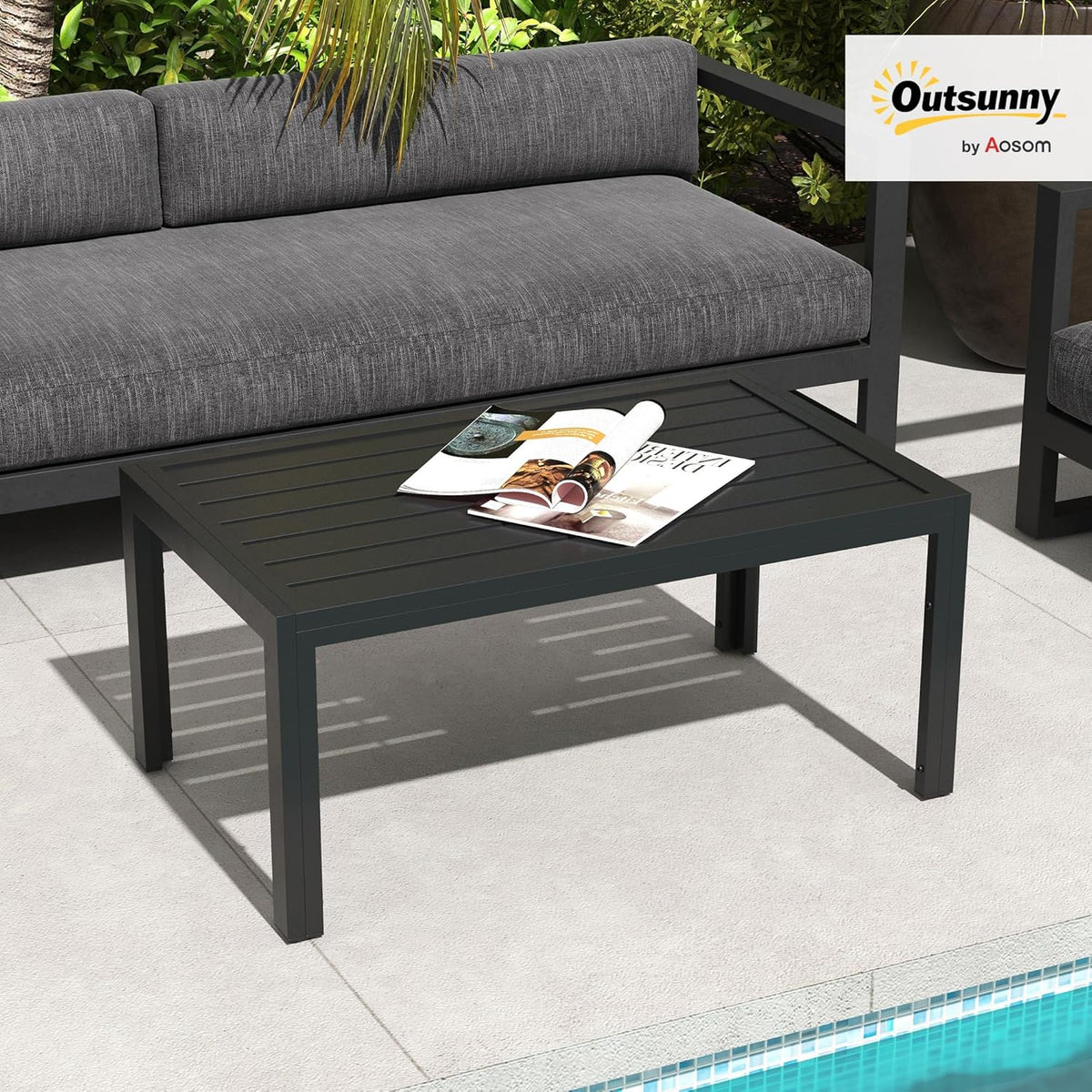 Outsunny Beistelltisch Balkontisch aus Stahl Rechteckig Kaffeetisch wetterfest Gartentisch pfleegelcht Sofatisch Outdoor Tisch für Balcony Garten Terrasse Veranda Wohnzimmer, 101.6x61x46cm Schwarz - QUORE