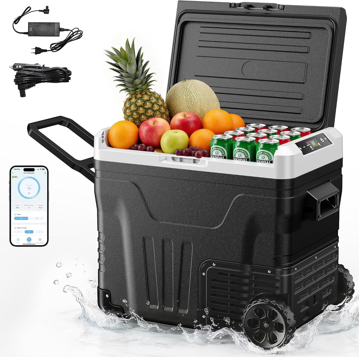 EUHOMY Auto-koelkast-compressor, 50 liter, -20 °C tot +20 °C, 12 V/220 V, stille campingkoelbox met app en wielen, draagbare vriezer voor outdoor, reizen, vissen (geluidsarm, zwart)