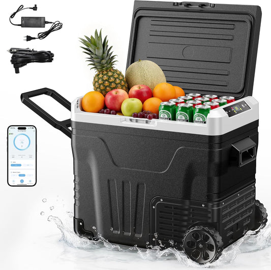 EUHOMY Auto-koelkast-compressor, 50 liter, -20 °C tot +20 °C, 12 V/220 V, stille campingkoelbox met app en wielen, draagbare vriezer voor outdoor, reizen, vissen (geluidsarm, zwart)