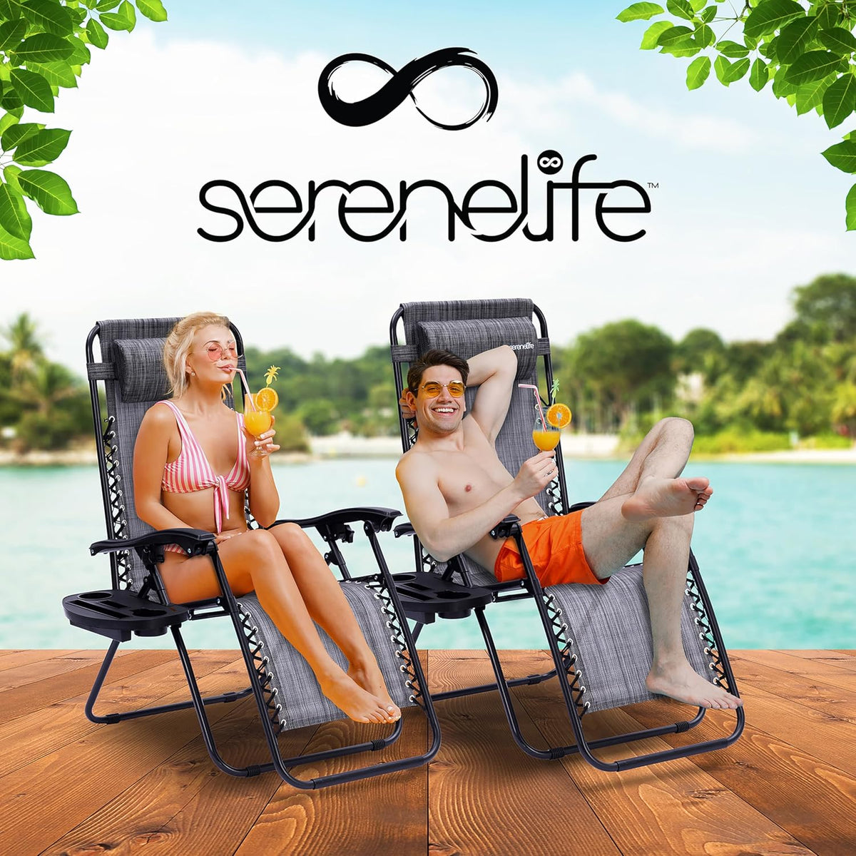 Serenelife Ligstoel, Set van 2 Ligstoelen - Verstelbare Tuinligstoelen met Zijtafel, Bekerhouders, Afneembare Kussens - Opvouwbare en Draagbare Loungestoelen voor Terras, Tuin, Strand - Grijs