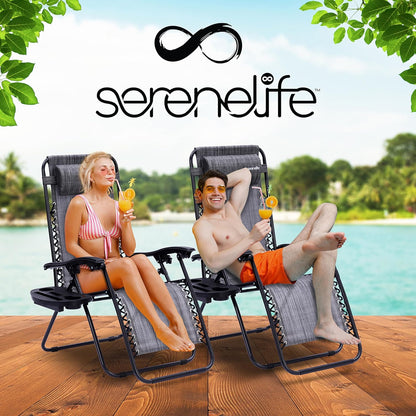 Serenelife Ligstoel, Set van 2 Ligstoelen - Verstelbare Tuinligstoelen met Zijtafel, Bekerhouders, Afneembare Kussens - Opvouwbare en Draagbare Loungestoelen voor Terras, Tuin, Strand - Grijs