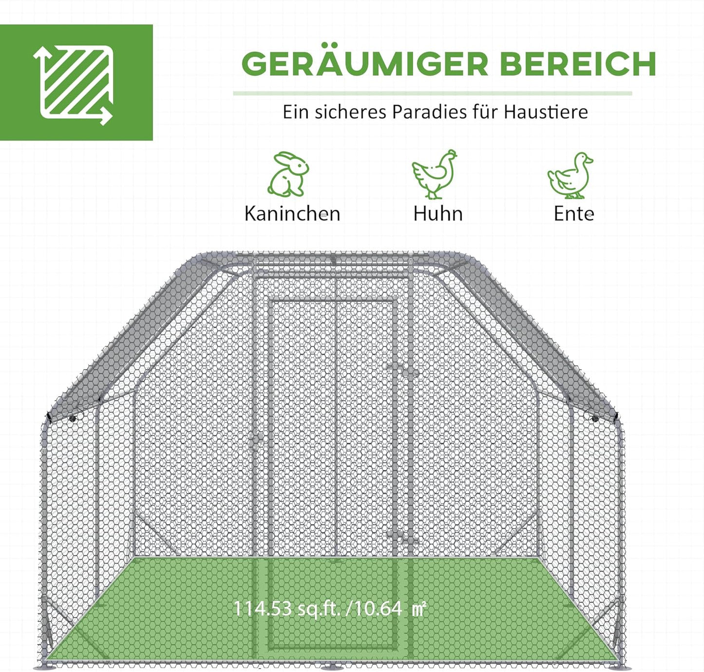 PawHut Chicken Coop with Run, 280 x 380 x 195 cm Chicken Cage with Door, Chicken Coop with Water Resistant Sunroof, Poultry House for 10-12 Chickens, Oxford, Silver - QUORE