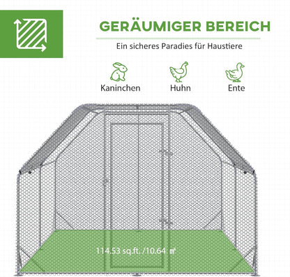 PawHut Chicken Coop with Run, 280 x 380 x 195 cm Chicken Cage with Door, Chicken Coop with Water Resistant Sunroof, Poultry House for 10-12 Chickens, Oxford, Silver - QUORE