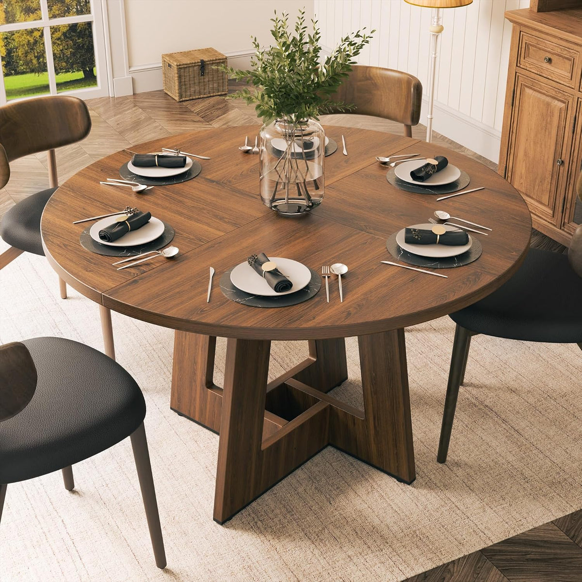 YOUDENOVA Round Dining Table 120 cm, Wooden Dining Table for 4-6 People, Rustic Kitchen Table Aesthetics with Modern Geometry Juncture Base, Rustic Brown (without Chairs) - QUORE