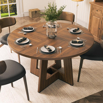 YOUDENOVA Round Dining Table 120 cm, Wooden Dining Table for 4-6 People, Rustic Kitchen Table Aesthetics with Modern Geometry Juncture Base, Rustic Brown (without Chairs) - QUORE