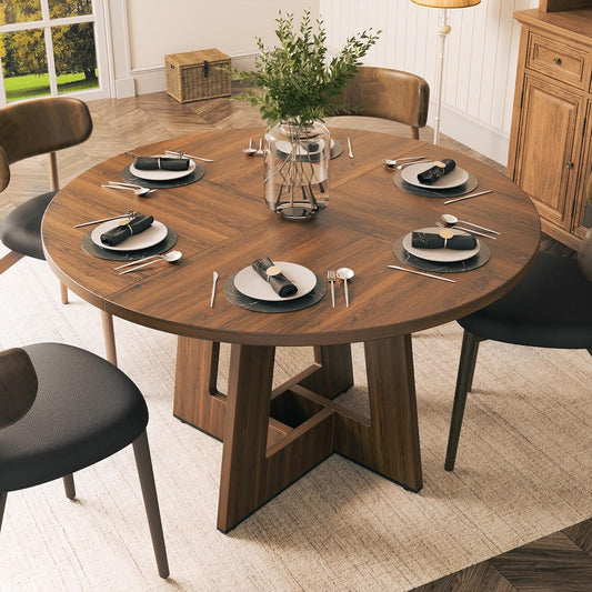 YOUDENOVA Round Dining Table 120 cm, Wooden Dining Table for 4-6 People, Rustic Kitchen Table Aesthetics with Modern Geometry Juncture Base, Rustic Brown (without Chairs) - QUORE