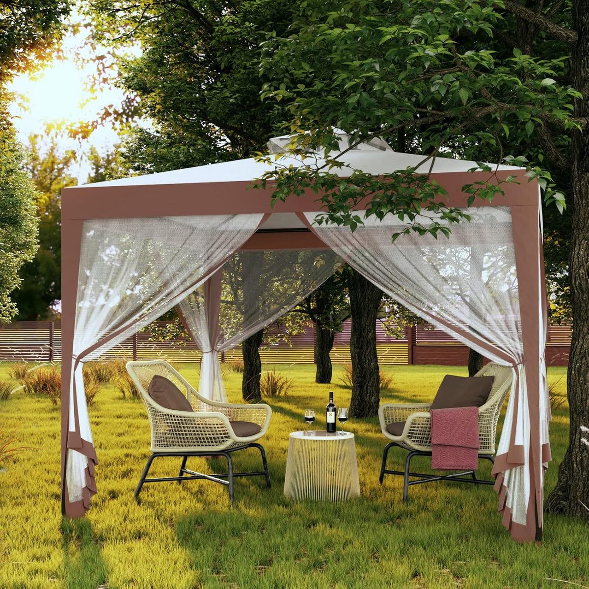 Mondeer Tuinpaviljoen, 3 x 3 m, dubbel dak, paviljoen met 4 muggennetten, zijpanelen voor schaduw en regen, metalen frame, stabiel, beige en bruin
